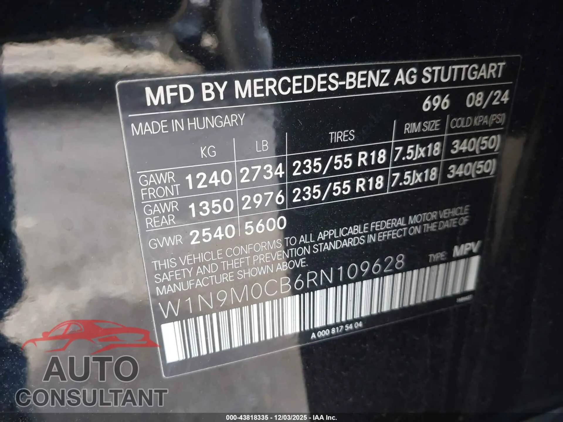 2024 MERCEDES-BENZ EQB 250 SUV Damaged VIN W1N9M0CB6RN109628 – trunk area