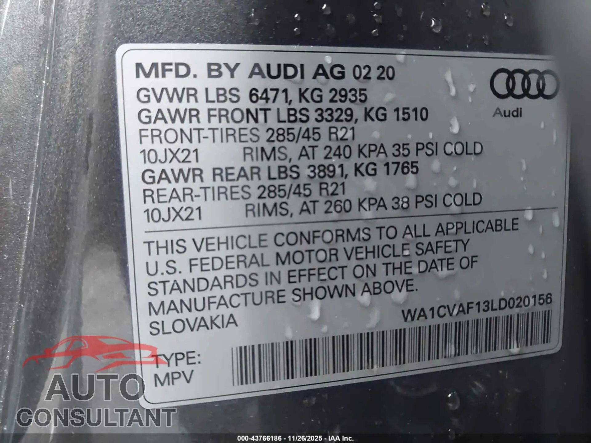 2020 AUDI Q8 Damaged VIN WA1CVAF13LD020156 – trunk area