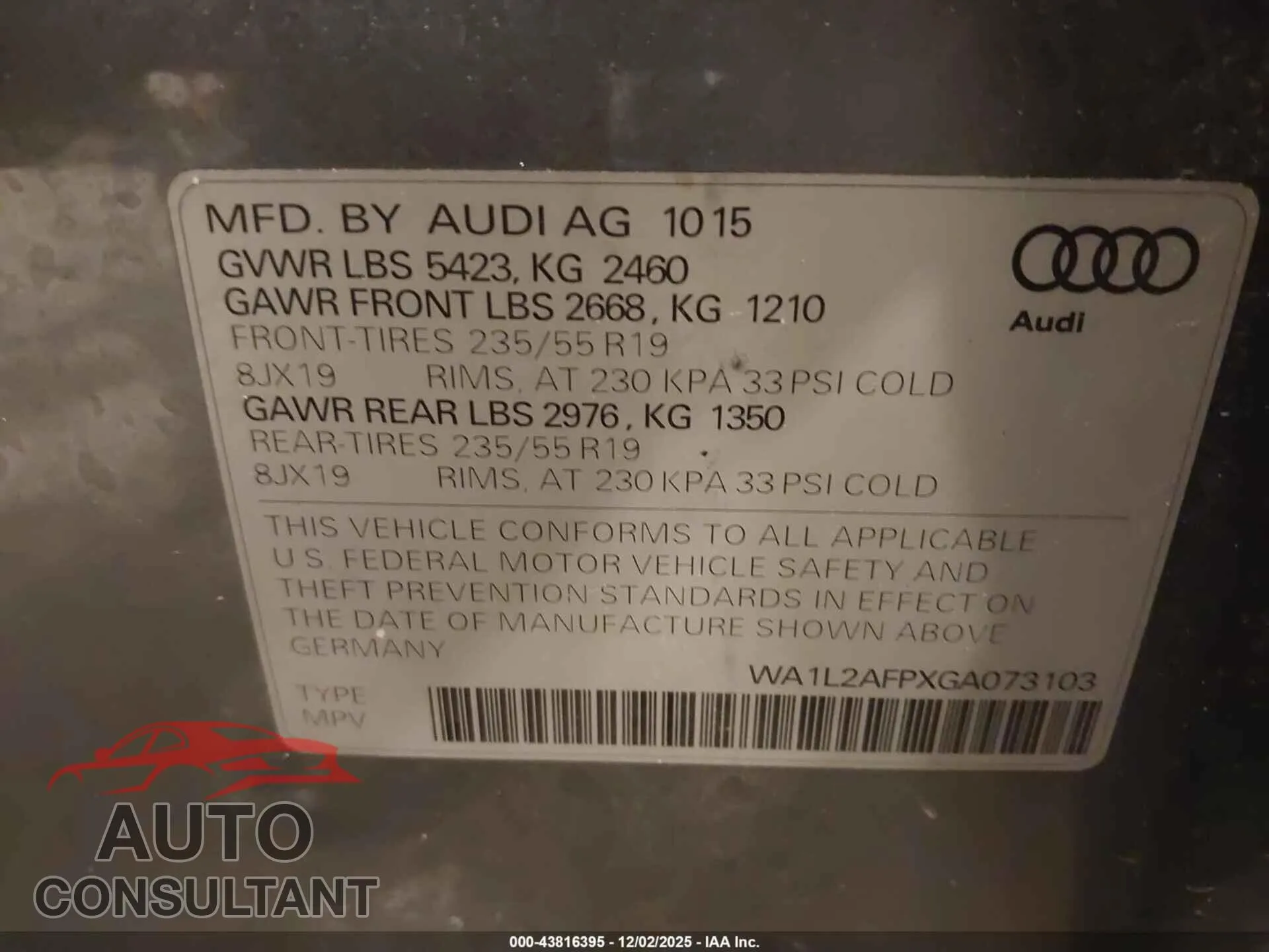2016 AUDI Q5 Damaged VIN WA1L2AFPXGA073103 – trunk area