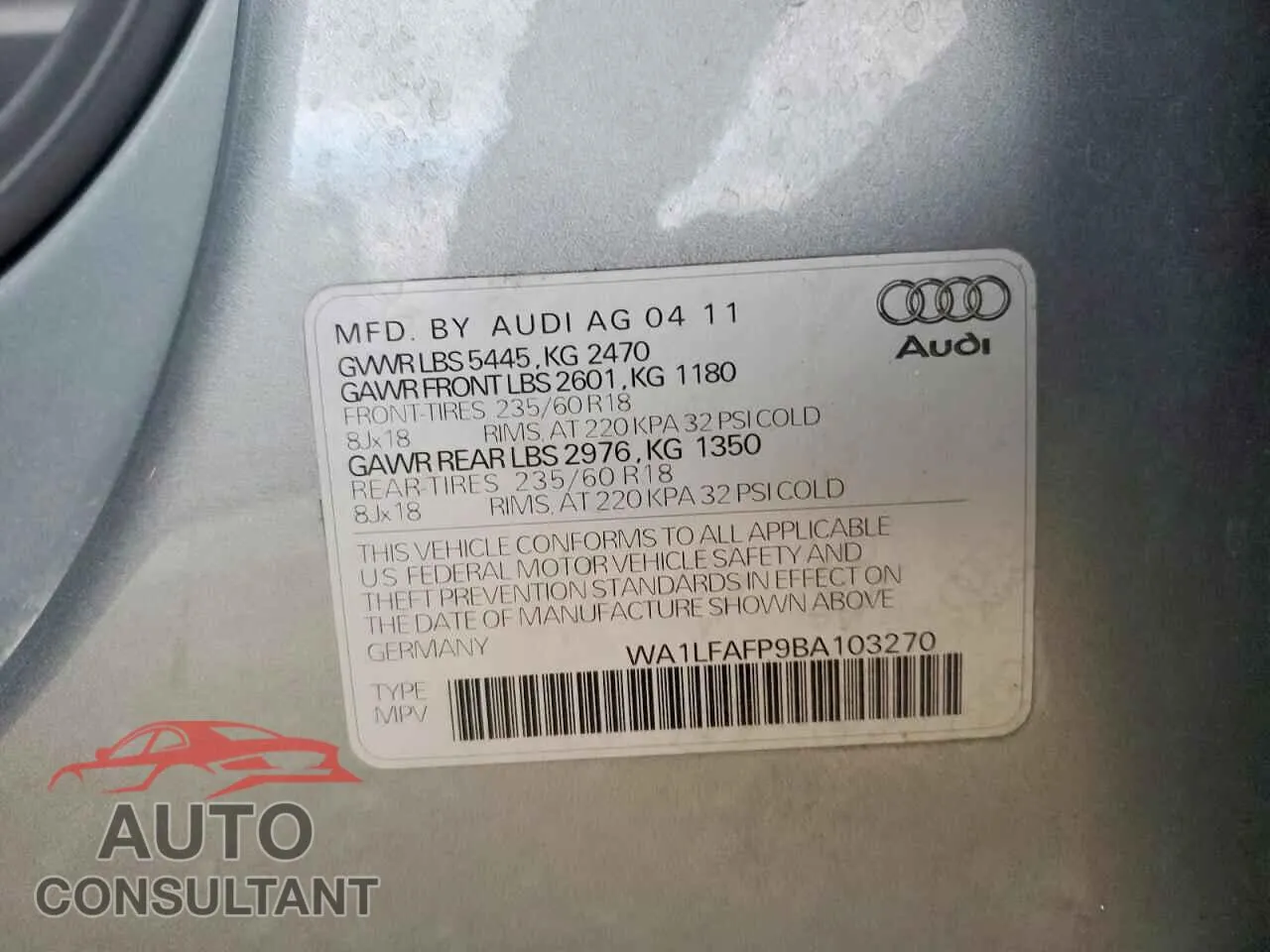 2011 AUDI Q5 Damaged VIN WA1LFAFP9BA103270 – photo 13