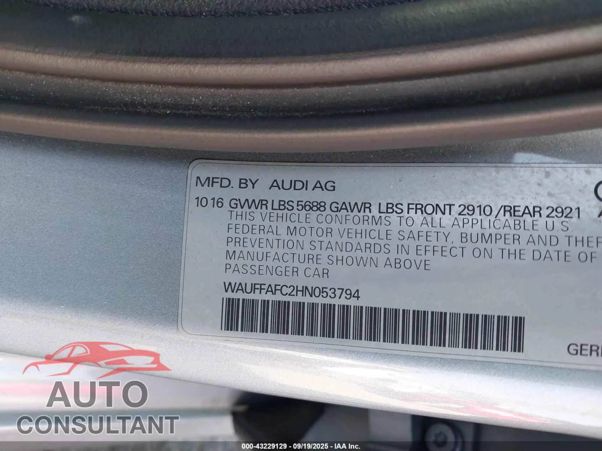 2017 AUDI S6 Damaged VIN WAUFFAFC2HN053794 – trunk area