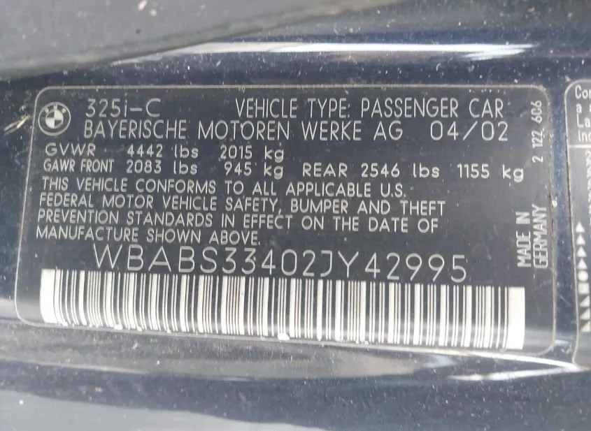 2002 BMW 325Ci Used VIN WBABS33402JY42995 – trunk area