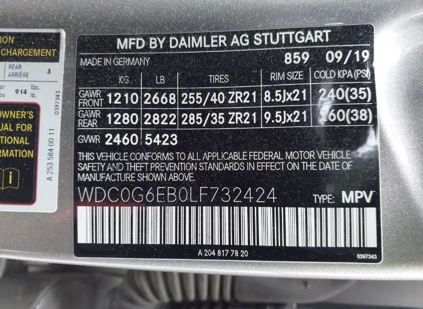2020 MERCEDES-BENZ GLC-Class Used VIN WDC0G6EB0LF732424 – odometer reading