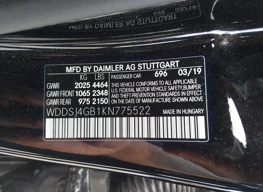 2019 MERCEDES-BENZ CLA-Class VIN WDDSJ4GB1KN775522