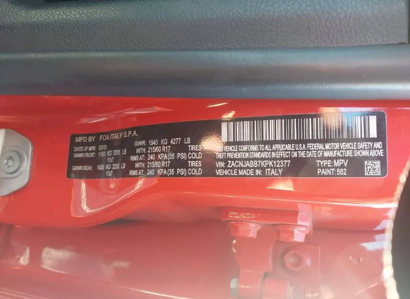 2019 JEEP Renegade Used VIN ZACNJABB7KPK12377 – exterior detail 2019 JEEP Renegade Used VIN ZACNJABB7KPK12377 – exterior detail