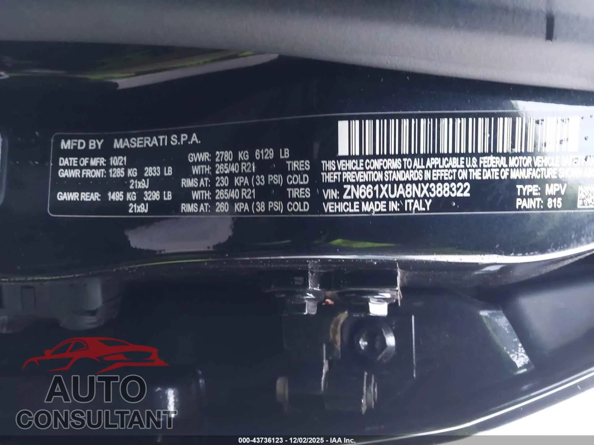2022 MASERATI LEVANTE Damaged VIN ZN661XUA8NX388322 – trunk area
